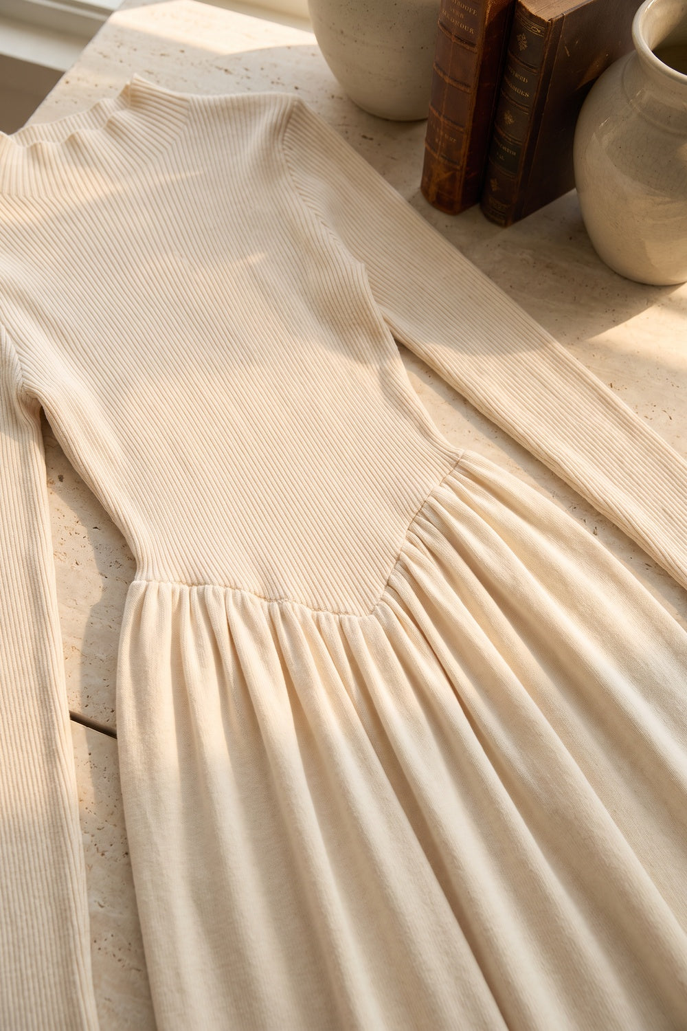 Cream Ribbed Knit Fitted Bodice with Gathered A-Line Skirt Dress cream ribbed knit dress - product view 6