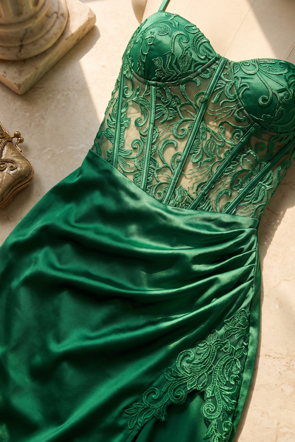 Emerald Green Satin Sheath Evening Gown with High Slit emerald green satin evening gown - product view 6