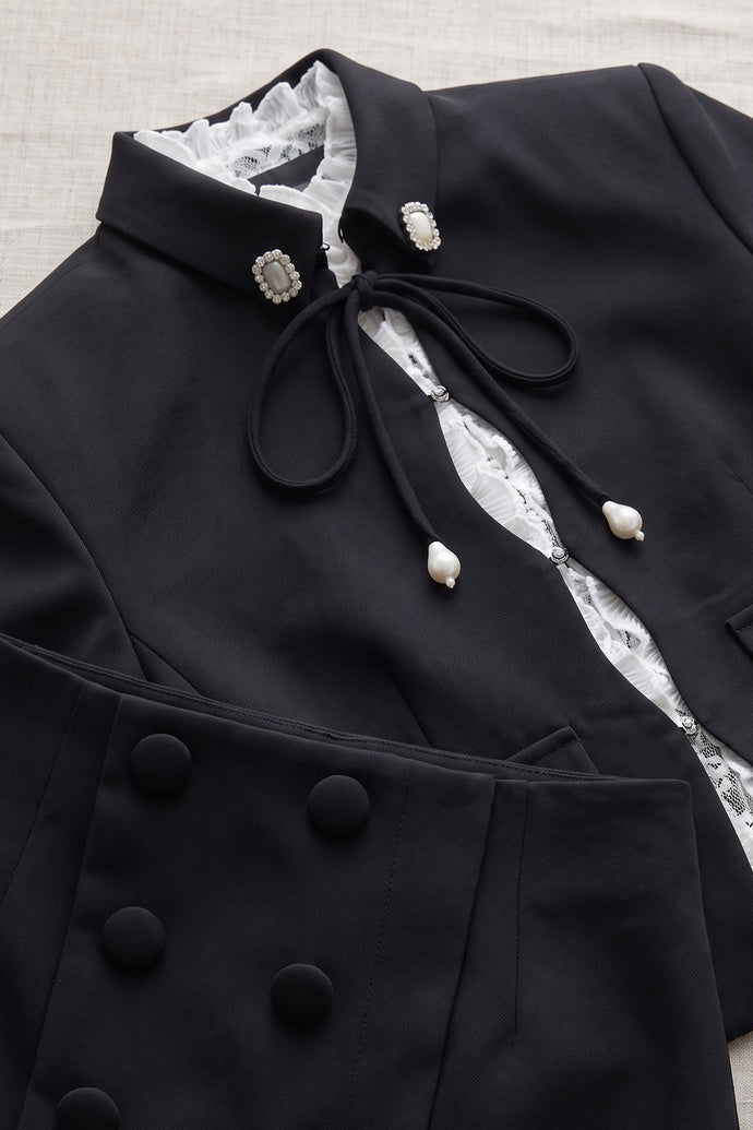 Black Structured Two-Piece Cropped Jacket and Mini Skort Set Black Mid-weight structured suiting crepe Two-piece cropped jacket and mini skort set - product view 6