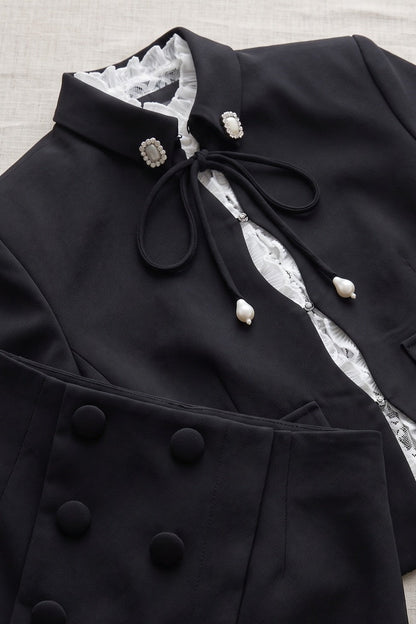 Black Structured Two-Piece Cropped Jacket and Mini Skort Set Black Mid-weight structured suiting crepe Two-piece cropped jacket and mini skort set - product view 6