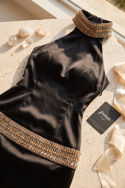Black Satin Bodycon Dress with Crystal Embellishments black satin dress - product view 6