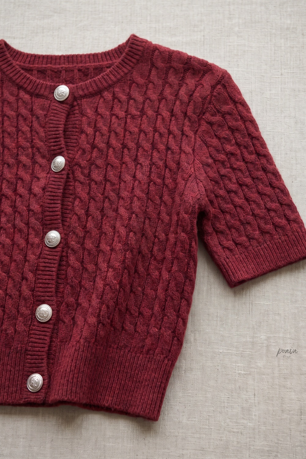Burgundy Cable-Knit Wool Blend Fitted Short-Sleeve Cardigan burgundy cable-knit wool blend cardigan - product view 6