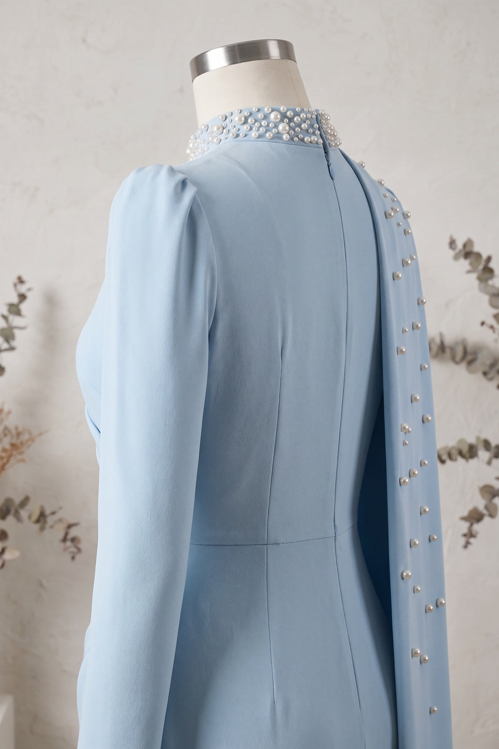 Light Blue Crepe Column with Asymmetrical Cape Evening Gown light blue crepe evening gown - product view 6