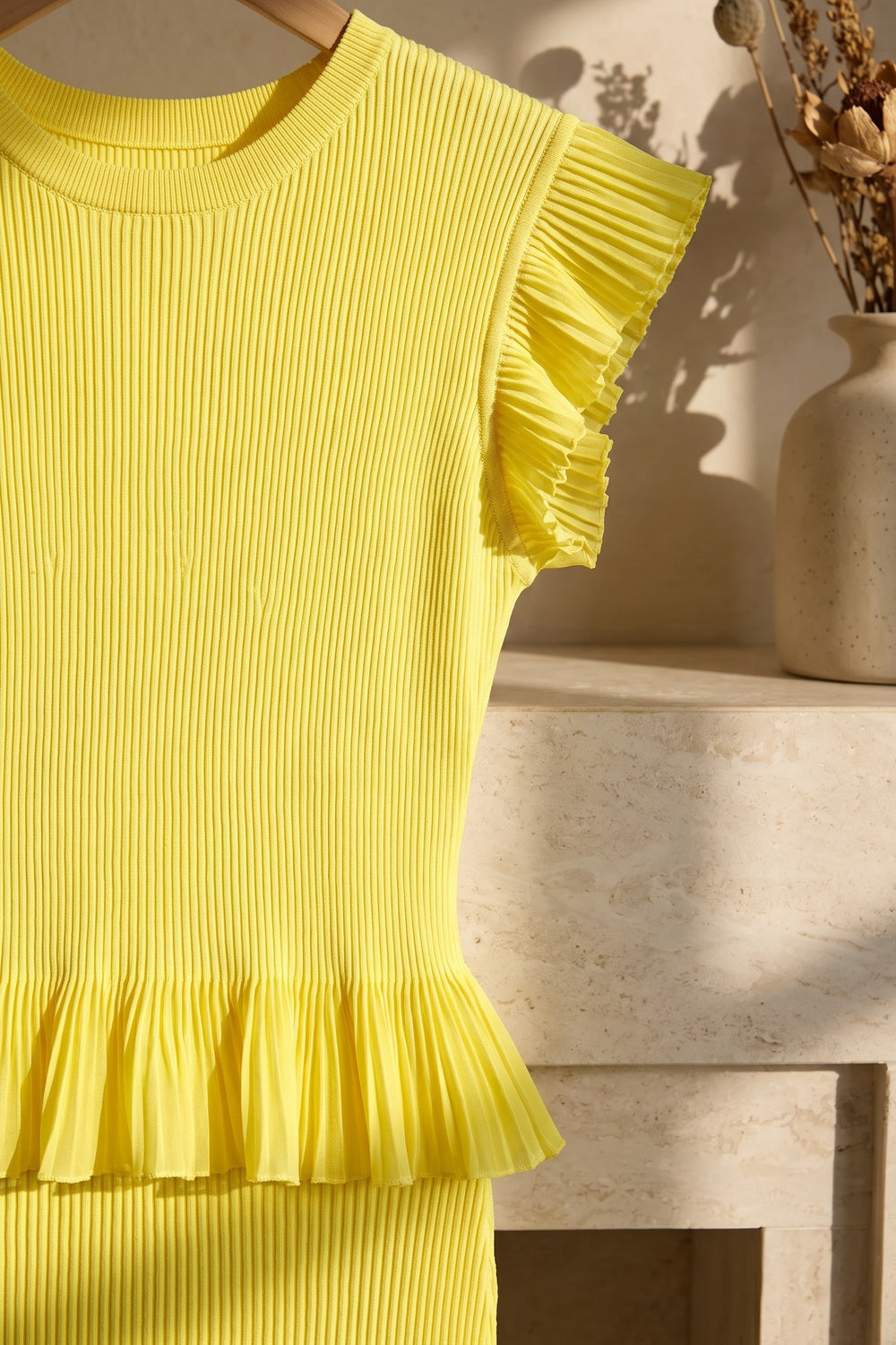Lemon Yellow Ribbed Knit Mermaid Peplum Two-Piece Set lemon yellow ribbed knit two-piece set - product view 6