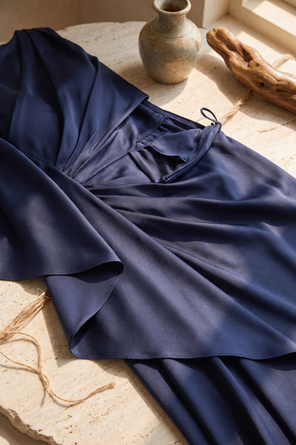 Navy Blue Satin Column Evening Gown with Asymmetrical Drape navy blue satin evening gown - product view 6