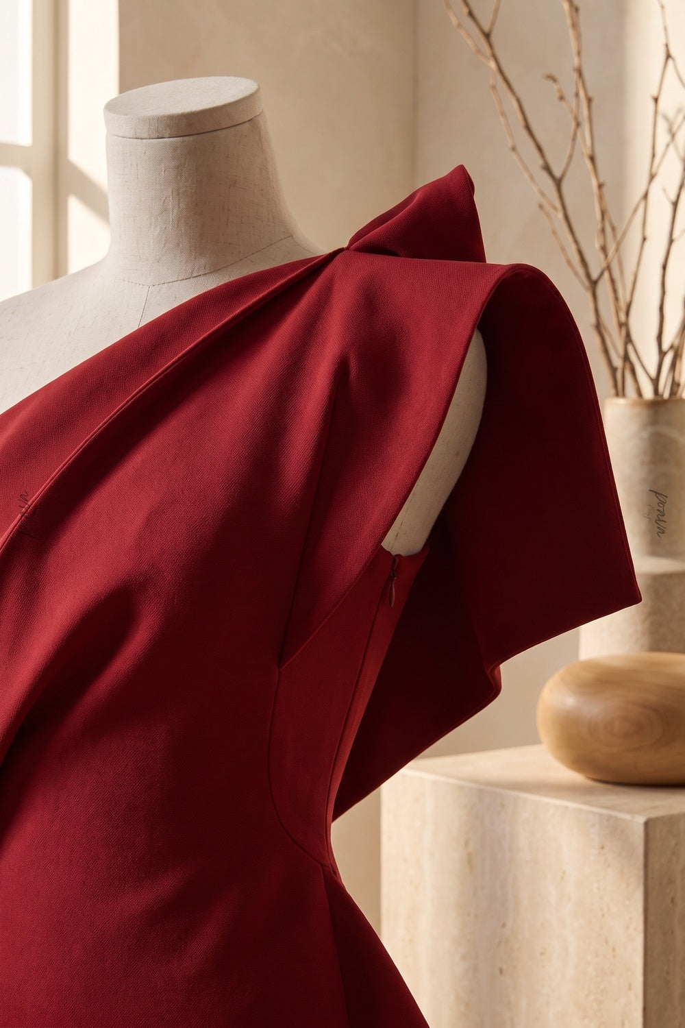 Deep Red One-Shoulder Sculptural Draped Mini Dress deep red heavy structured crepe or double-faced satin mini dress - product view 5