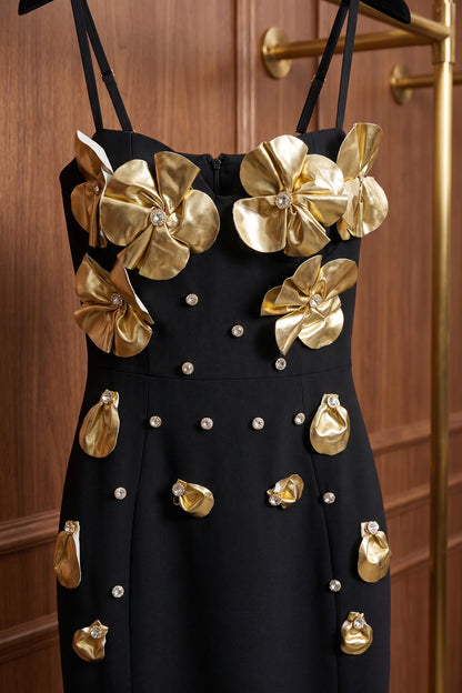 Black Heavy Crepe Column Dress with 3D Metallic Gold Flowers black heavy crepe dress - product view 6