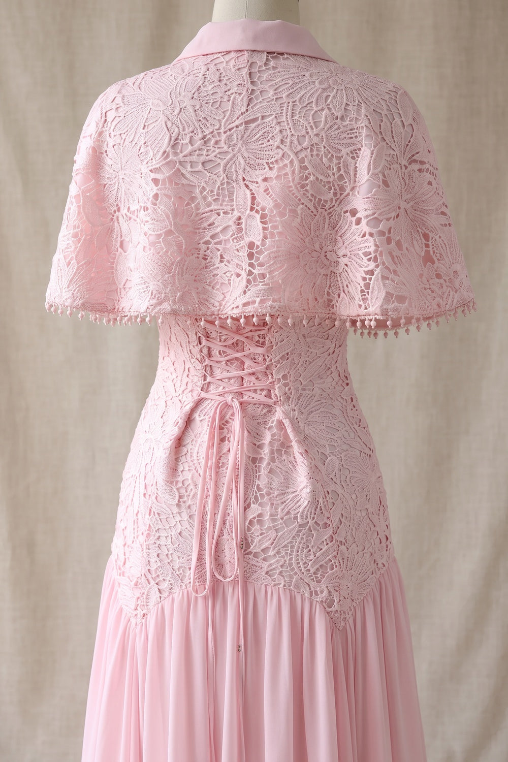Pastel Pink Floral Lace Fitted Bodice with Flared Mermaid-Style Skirt Dress with Matching Capelet pastel pink floral lace dress with matching capelet - product view 6