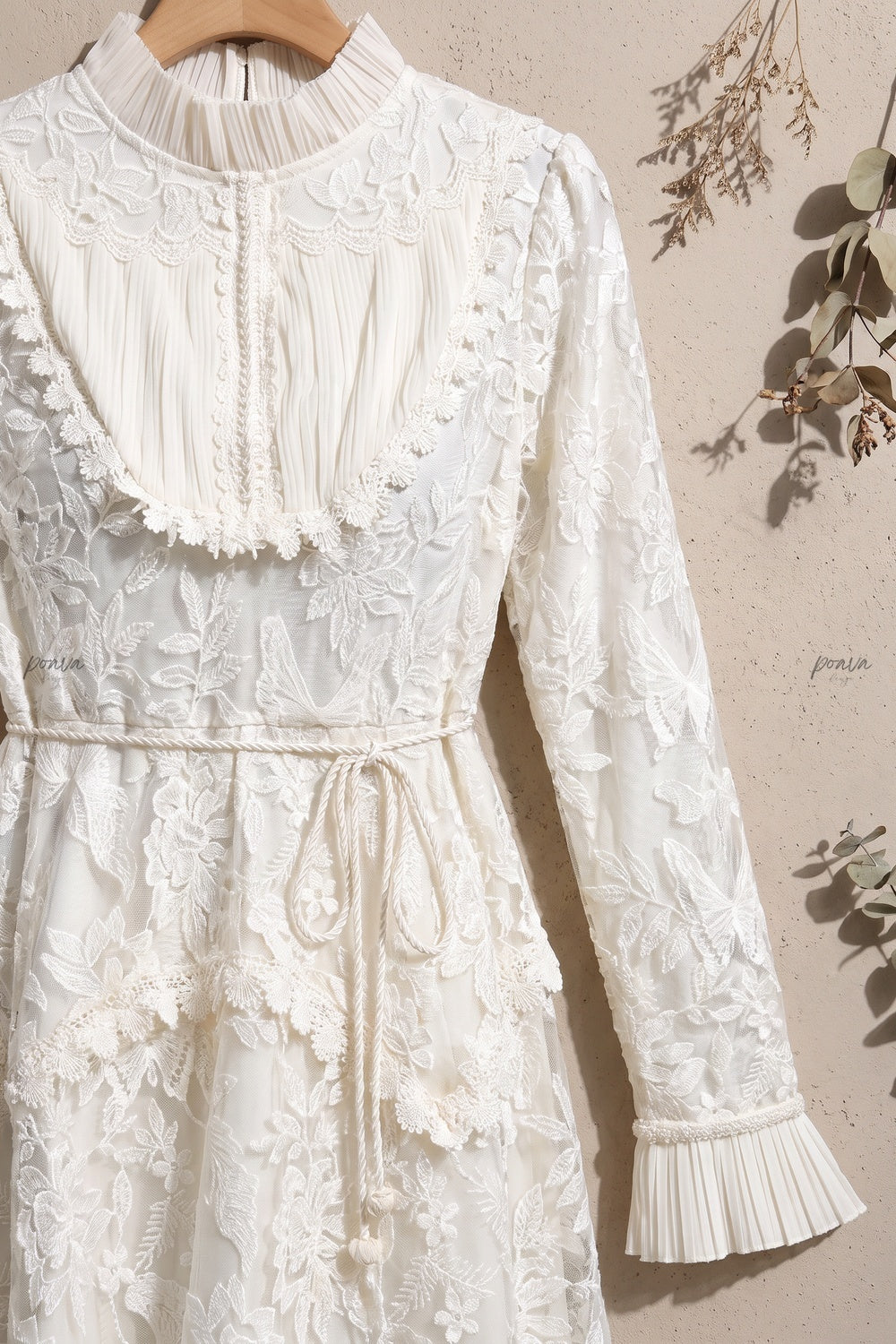 Ivory Floral Embroidered Lace A-line Maxi Dress with Tiered Waist Overlay Ivory Floral embroidered lace Maxi dress - product view 5