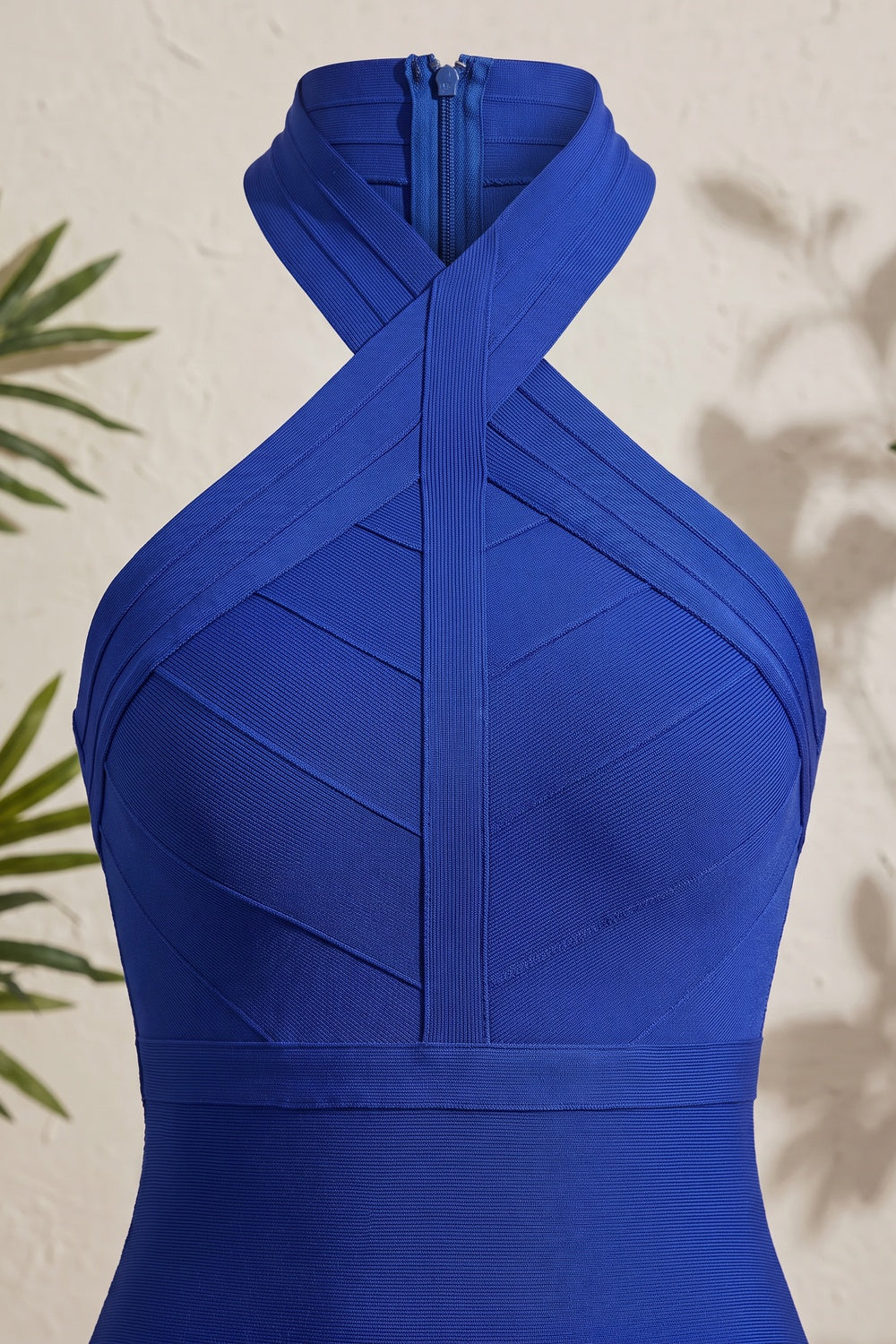 Royal Blue Heavy Stretch Knit Bodycon Dress with Criss-Cross Halter royal blue heavy stretch knit dress - product view 6