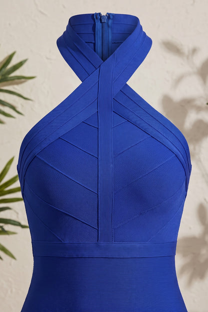 Royal Blue Heavy Stretch Knit Bodycon Dress with Criss-Cross Halter royal blue heavy stretch knit dress - product view 6