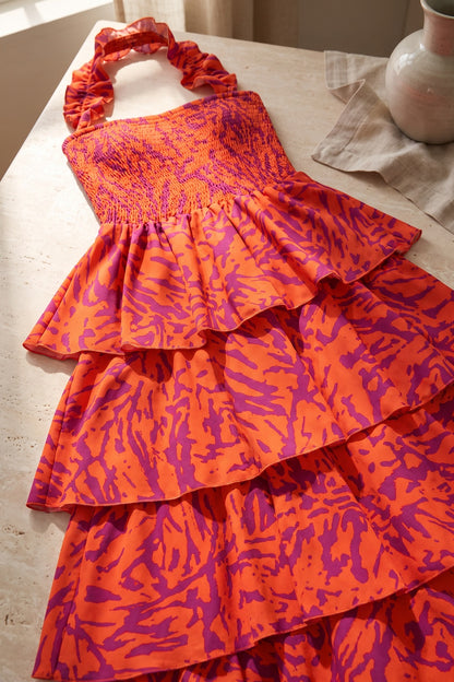Orange and Purple Abstract Painterly Tiered Halter Maxi Dress orange lightweight woven synthetic tiered halter maxi dress - product view 6