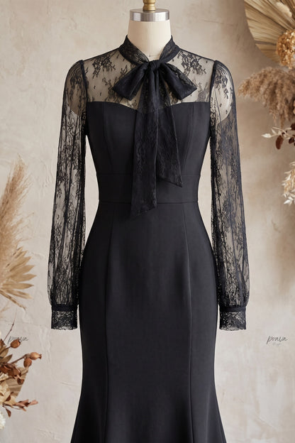 Black Crepe Mermaid Dress with Sheer Floral Lace Sleeves black crepe dress - product view 6