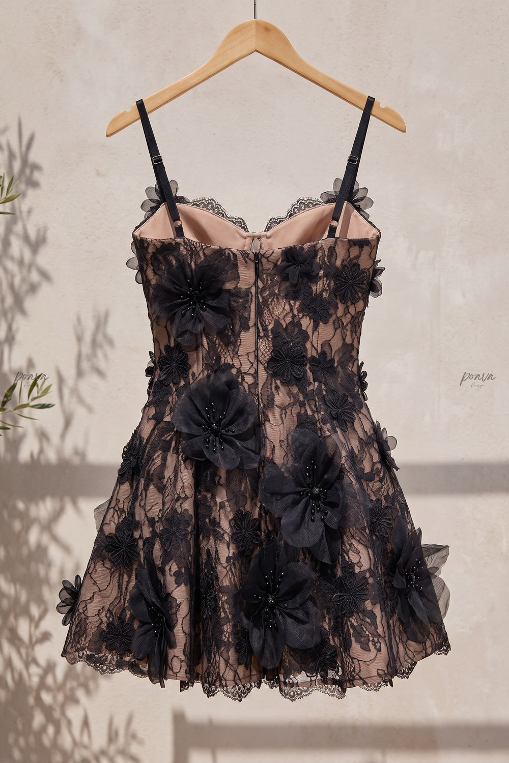 Black Lace Fit-and-Flare Mini Dress with 3D Floral Appliqués black lace dress - product view 4