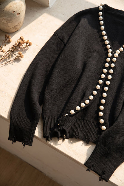 Black Knit Cardigan with Pearl Trim and Frayed Details black knit cardigan - product view 6