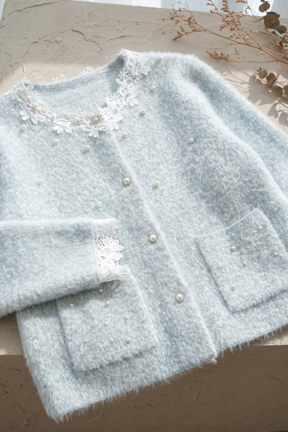 pale ice blue mohair-blend knit boxy, slightly cropped cardigan pale ice blue, light grey mohair-blend knit cardigan - product view 6