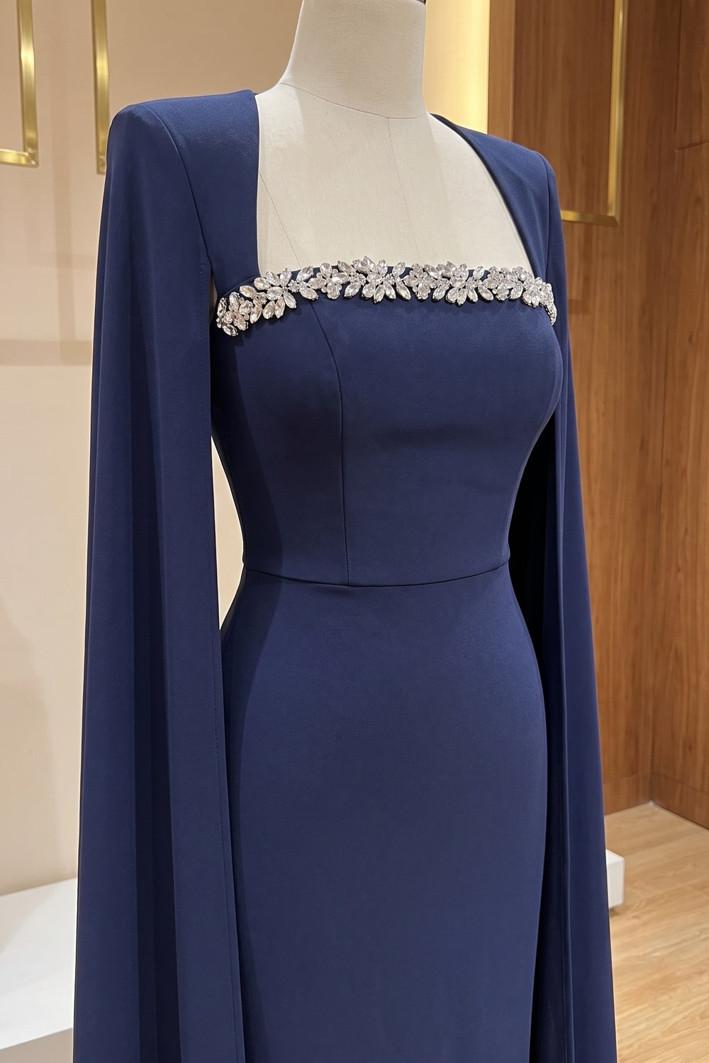 Navy Beaded Cape Sleeve Mermaid Evening Gown