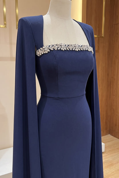 Navy Beaded Cape Sleeve Mermaid Evening Gown