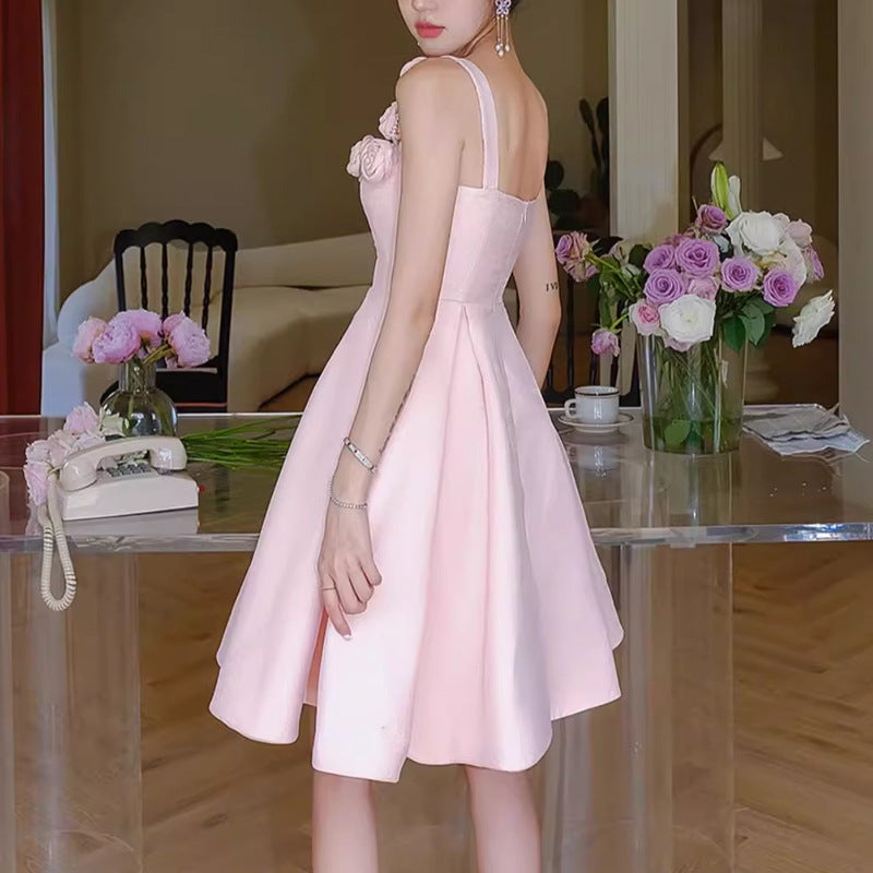 RHINESTONE ROSE APPLIQUE MINI DRESS IN PINK
