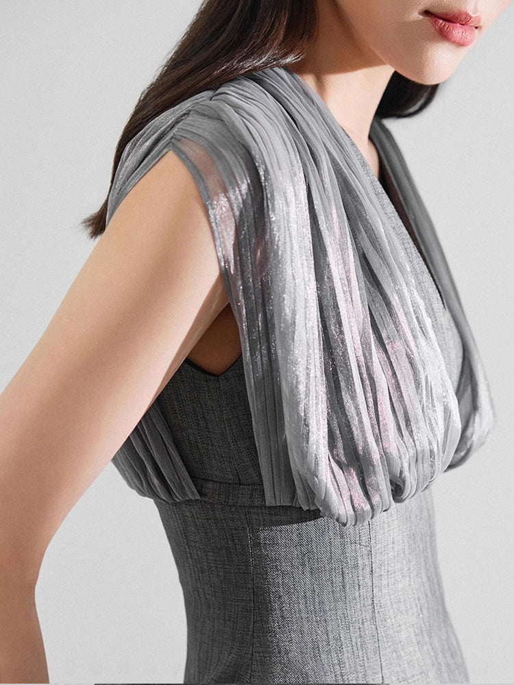 Mesh stitching sleeveless midi dress in grey