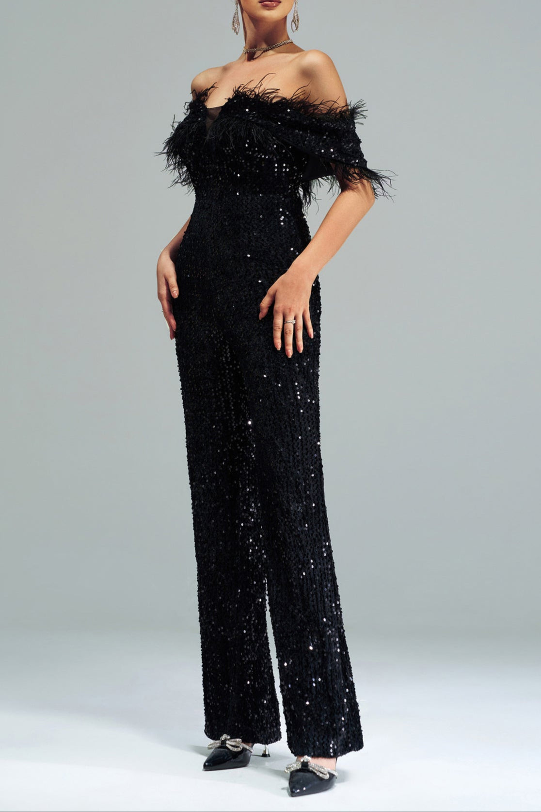 off-shoulder sequin jumpsuit in black