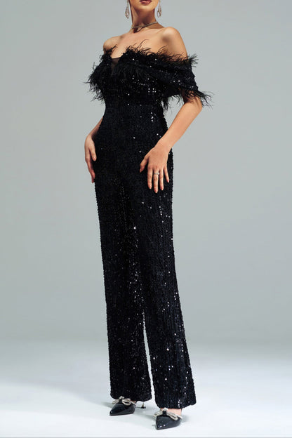 off-shoulder sequin jumpsuit in black