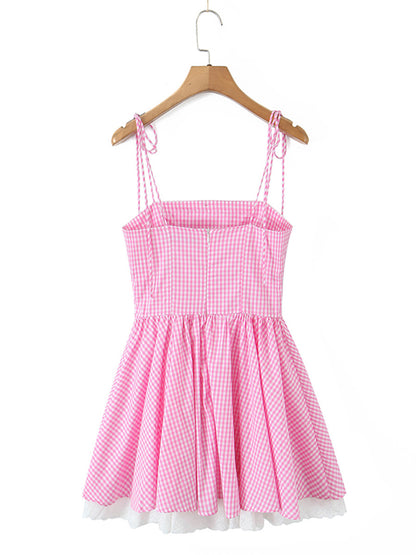 joyce grid strap mini dress in pink