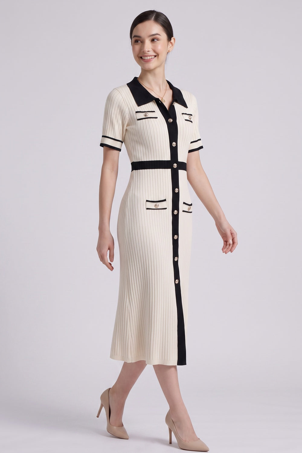 Cream Ribbed Knit Midi Dress with Black Contrast Trim cream ribbed knit dress - product view 4