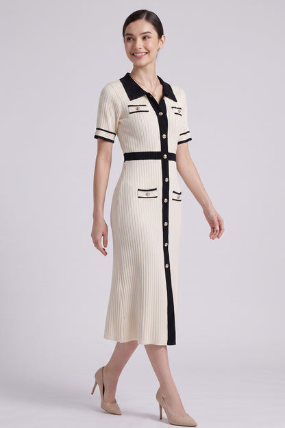 Cream Ribbed Knit Midi Dress with Black Contrast Trim cream ribbed knit dress - product view 4