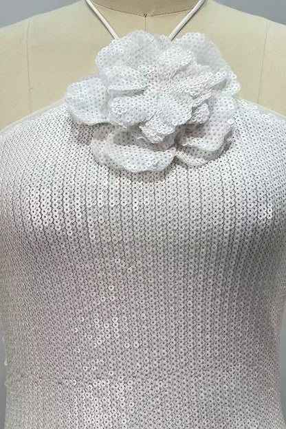 White Sequined Mesh Column Dress with Flower Embellishment