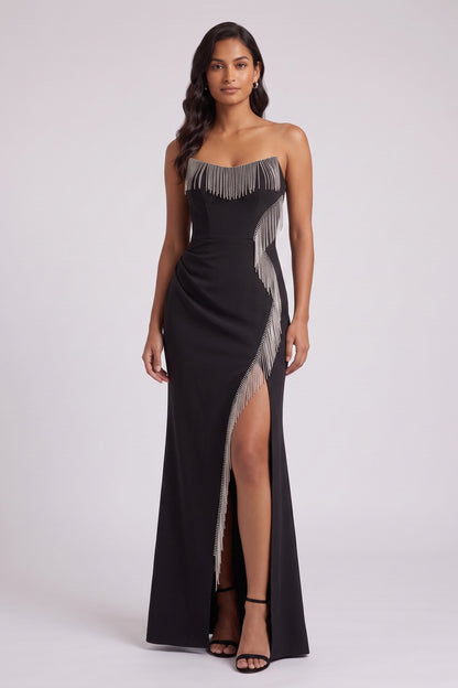 Black Strapless Fringe Gown Premium Fabric - product view 1