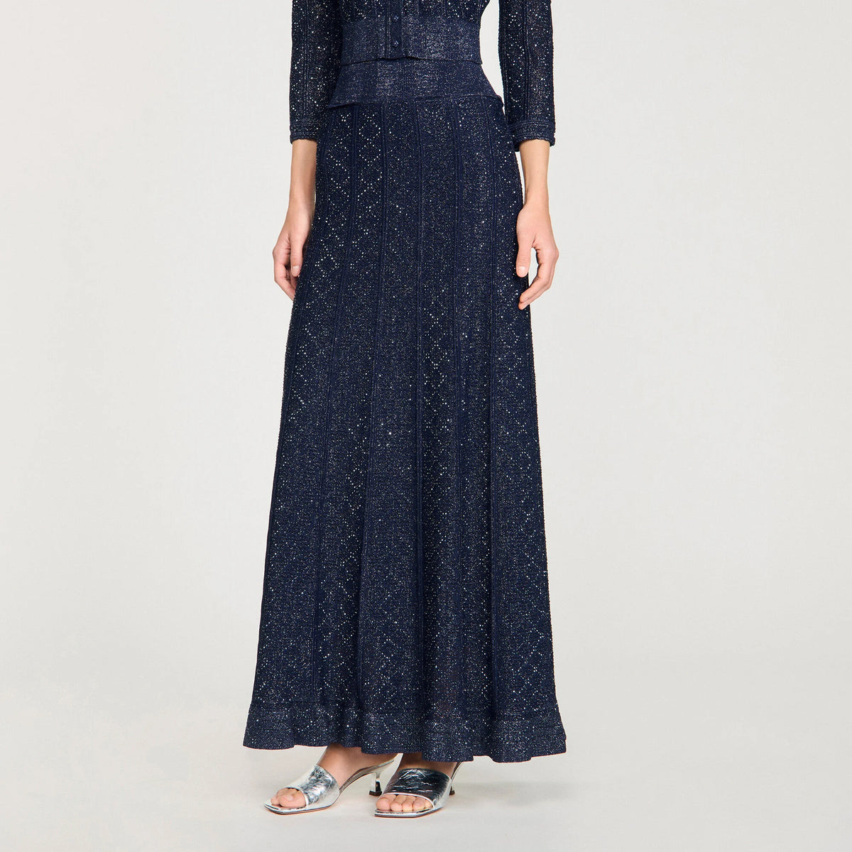 alexandra Rhinestone knit maxi skirt in navy blue