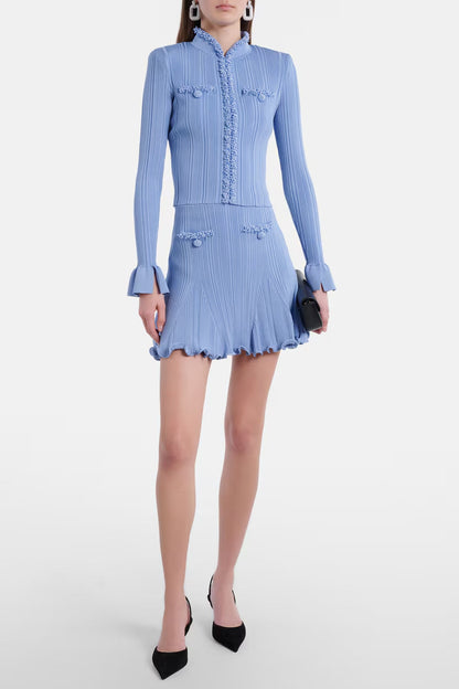 polly blue Beaded Knit Blouse & Skirt Set