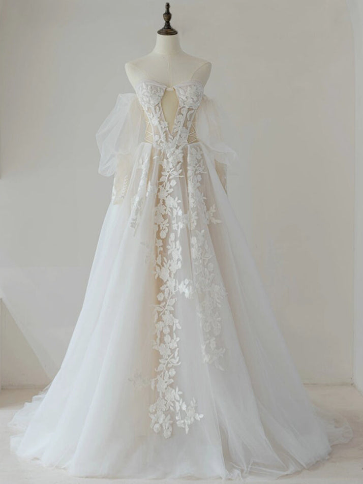 Light Champagne A-Line Lace Tulle Long Prom Dress, Lace Tulle Formal Dress