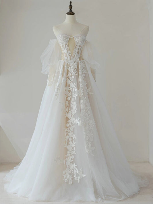 Light Champagne A-Line Lace Tulle Long Prom Dress, Lace Tulle Formal Dress