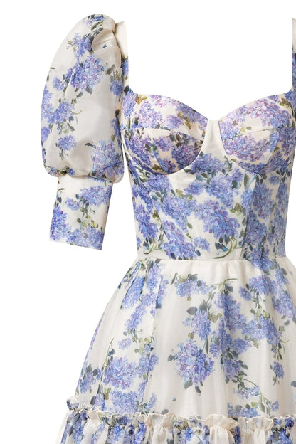 Hydrangea print Voluminous Sleeves maxi Dress in blue