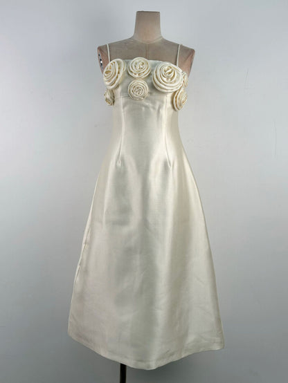 A-line Flower Applique Linen Rayon Midi Dress