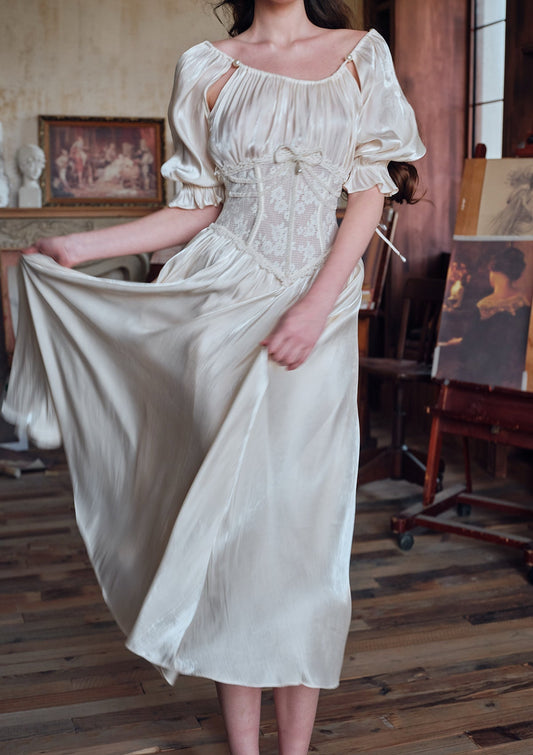 Square neck puff sleeve lace satin maxi dress - white