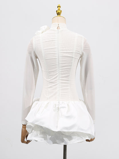 3d flower hem Mesh mini dress in white