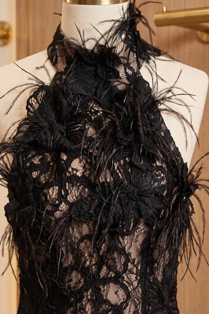 Black Floral Lace Fitted Halter Sheath Mini Dress black black floral lace mini dress - product view 7