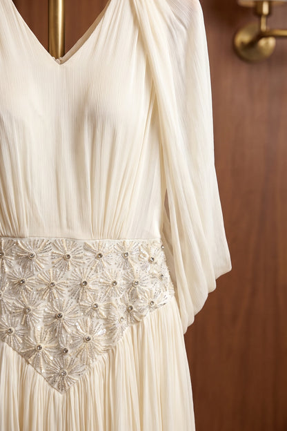 Cream Chiffon A-Line Gown with Cape Sleeves cream chiffon gown - product view 7