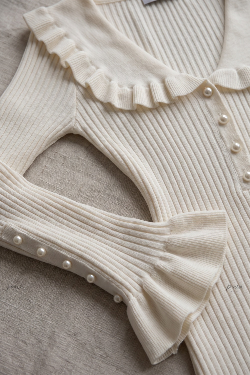 Cream Ribbed Knit Fitted Sheath Midi Dress with Ruffle Trim cream, off-white ribbed knit midi dress - product view 7