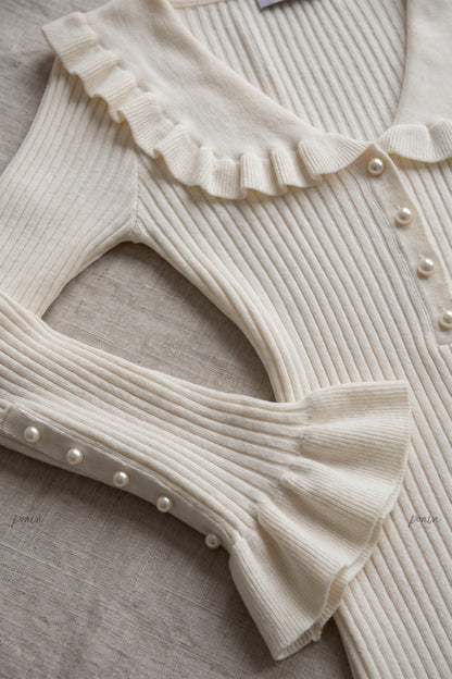 Cream Ribbed Knit Fitted Sheath Midi Dress with Ruffle Trim cream, off-white ribbed knit midi dress - product view 7