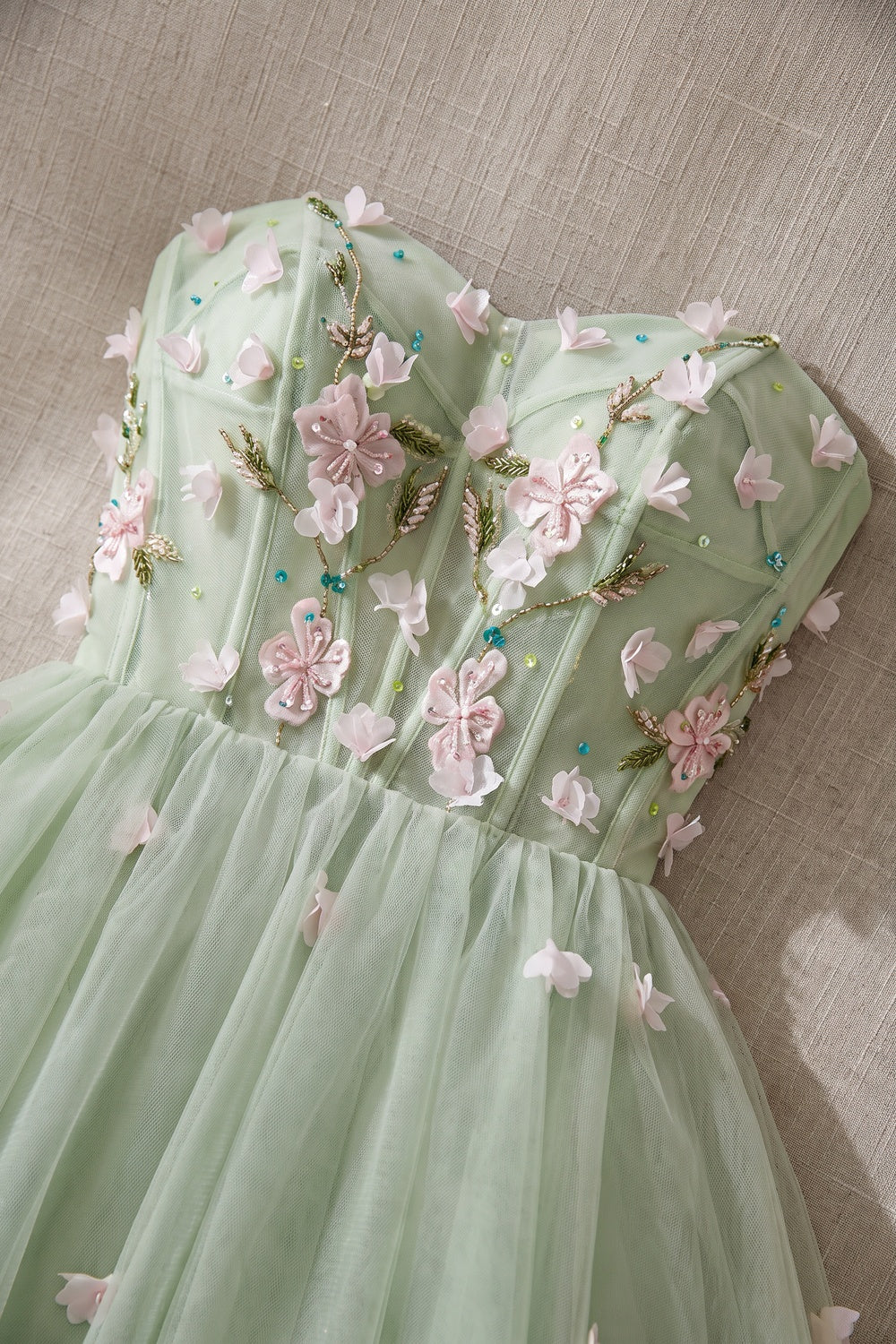 Light Sage Green Tulle A-Line Fit-and-Flare Dress with 3D Floral Appliques light sage green tulle dress - product view 7