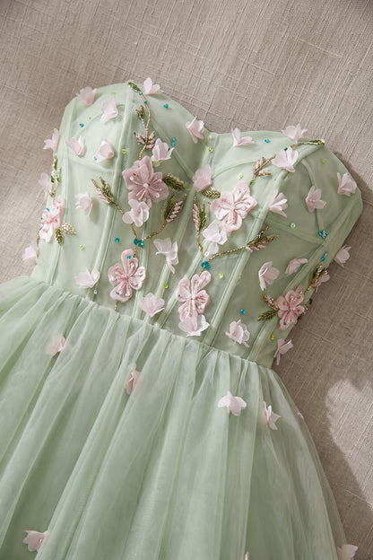 Light Sage Green Tulle A-Line Fit-and-Flare Dress with 3D Floral Appliques light sage green tulle dress - product view 7