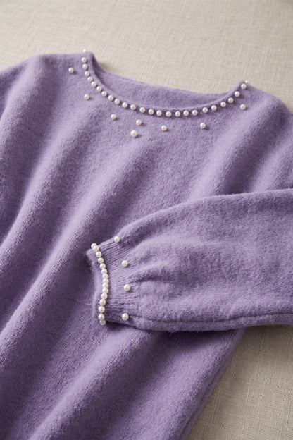 Lavender Purple Brushed Knit Pearl Embellished Sweater lavender purple brushed knit sweater - product view 7