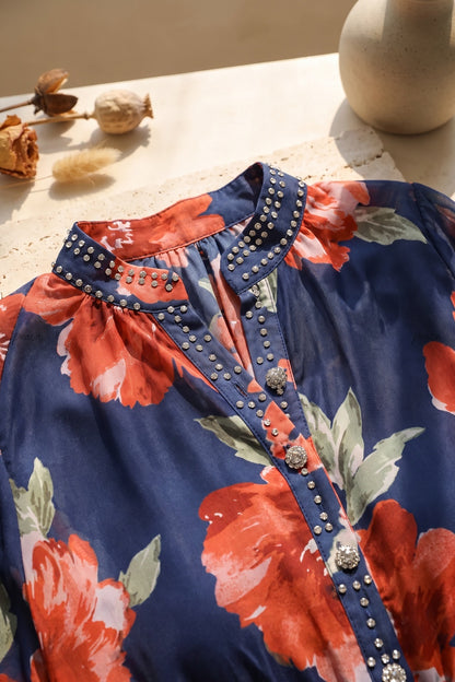 Navy Blue Tiered Chiffon Maxi Dress with Floral Print navy blue lightweight chiffon tiered maxi dress - product view 5