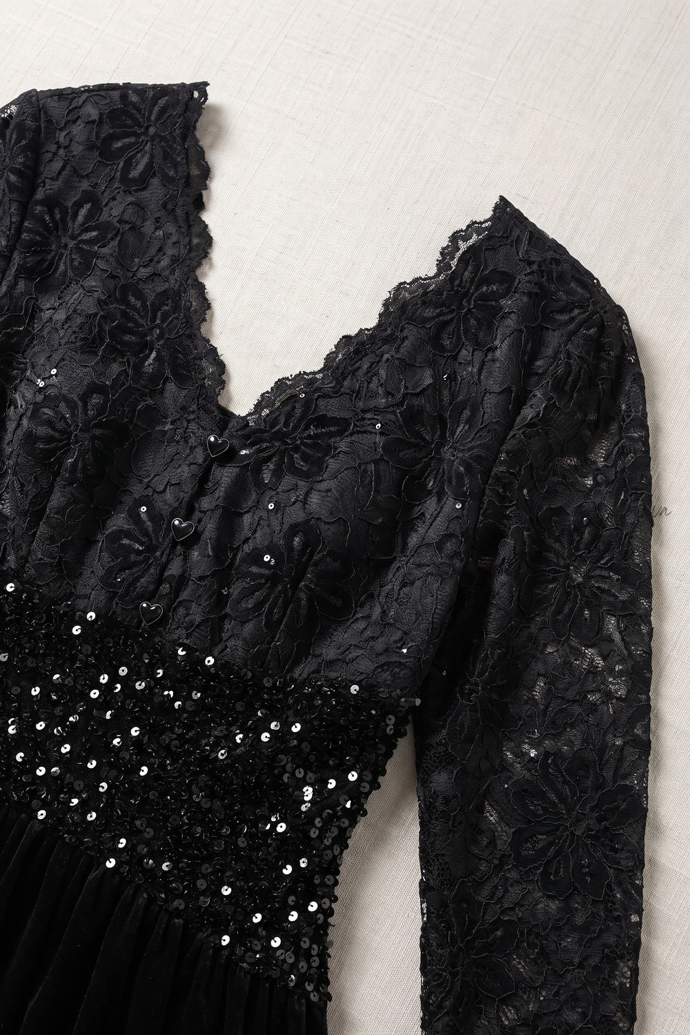 Black Velvet A-Line Midi Dress with Floral Lace and Sequin Waist black fluid velvet or heavy knit (skirt), floral lace (bodice and sleeves) dress - product view 7
