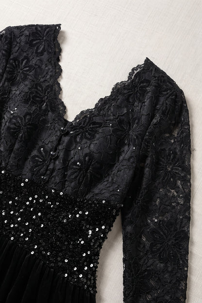 Black Velvet A-Line Midi Dress with Floral Lace and Sequin Waist black fluid velvet or heavy knit (skirt), floral lace (bodice and sleeves) dress - product view 7