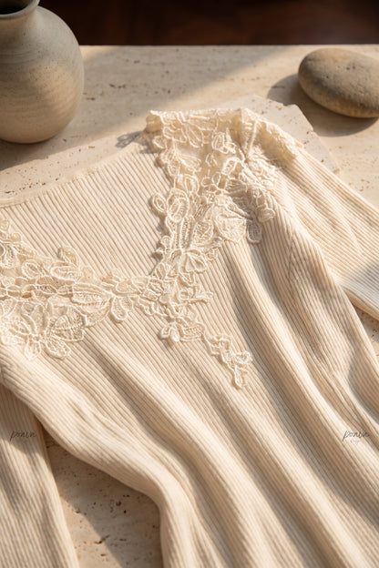 Cream Ribbed Knit Maxi Dress with Lace V-Neck cream, off-white, beige, light purple fine ribbed knit maxi dress - product view 7